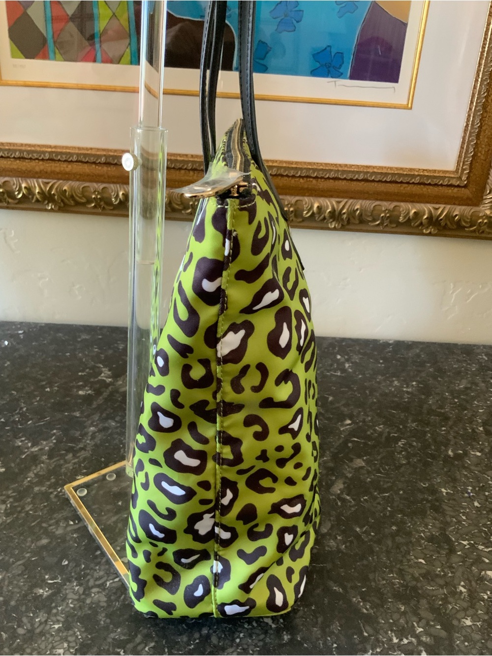 Furla Leopard Cheetah Print Avocado Green Large Nylon Tote Carried Once Perfect - Picture 3 of 4